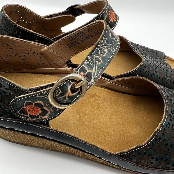 L’Artiste Spring Step Delphi’s Navy Blue Floral Leather Open Toe Wedge Sandal 42 - Picture 8 of 13